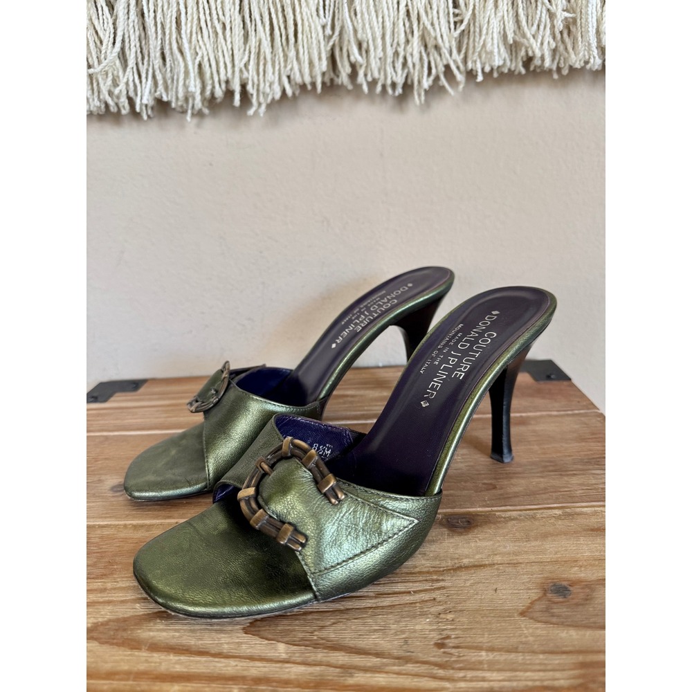 Vinatge Couture DonaldJ. Pliner Green Leather Brass Buckle Slide Heels  Size 8.5